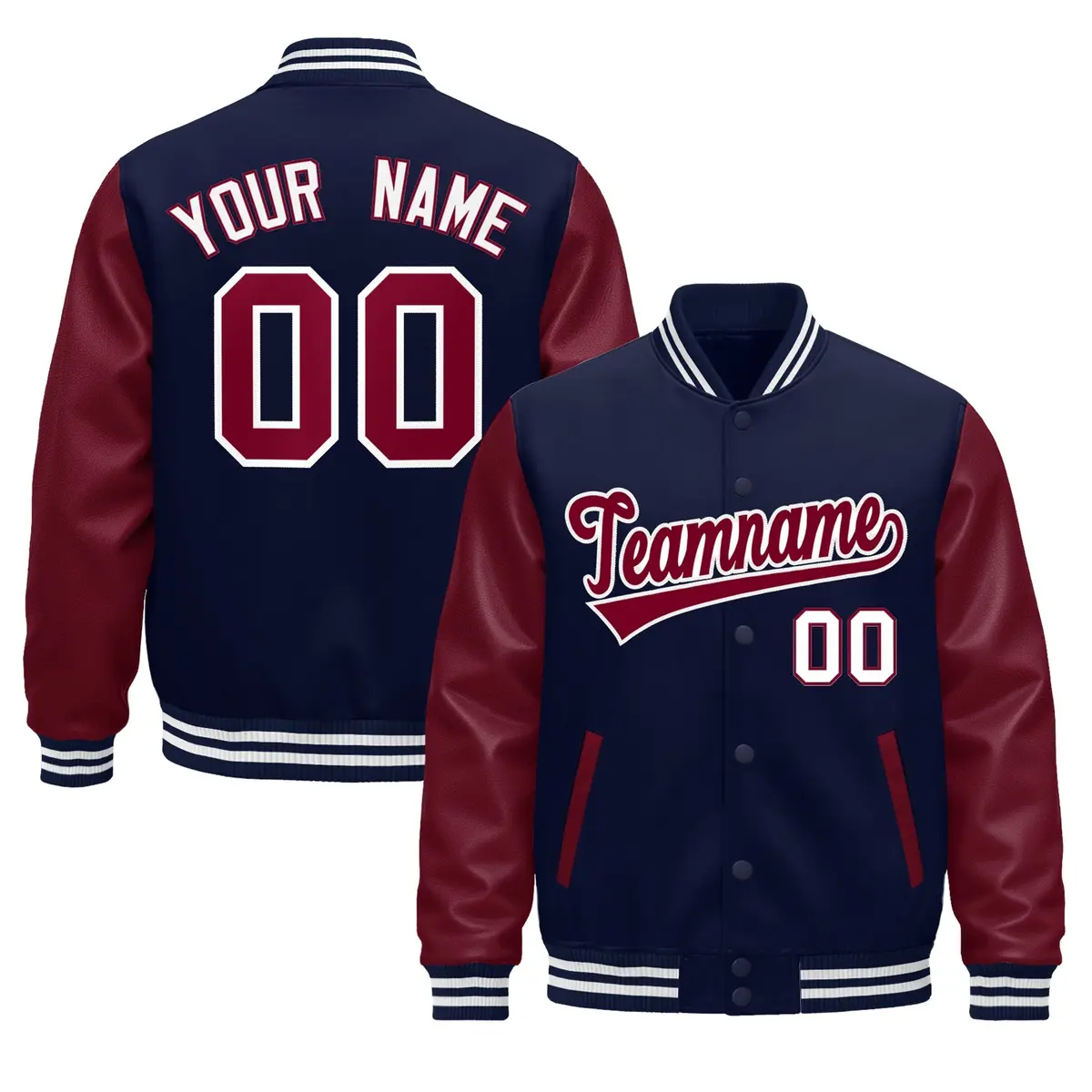 Navy Burgundy White Crimson Varsity Full-Snap Letterman Jacket