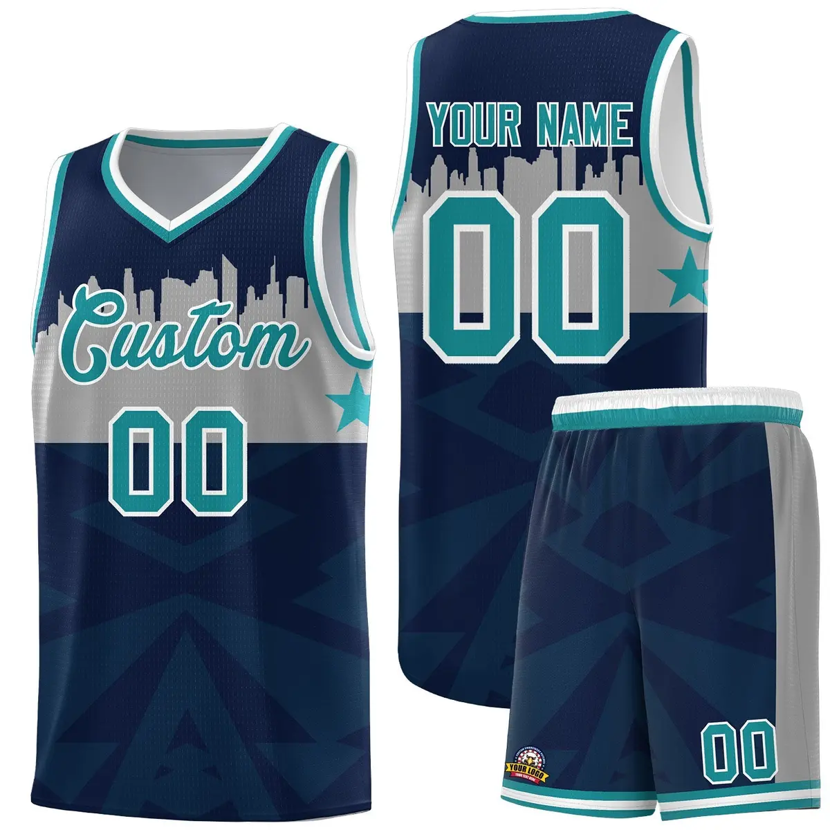 Navy City Silhouette Pattern Basketball Uniform Jersey