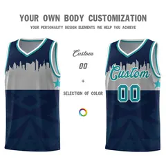Navy City Silhouette Pattern Basketball Uniform Jersey 3