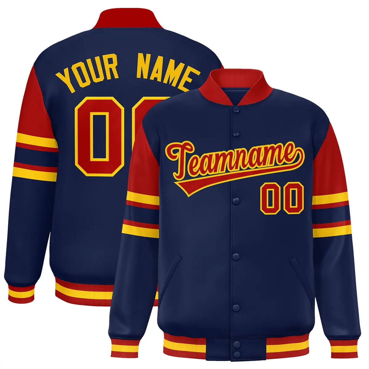 Navy Color Block Full-Snap Varsity Letterman Jacket