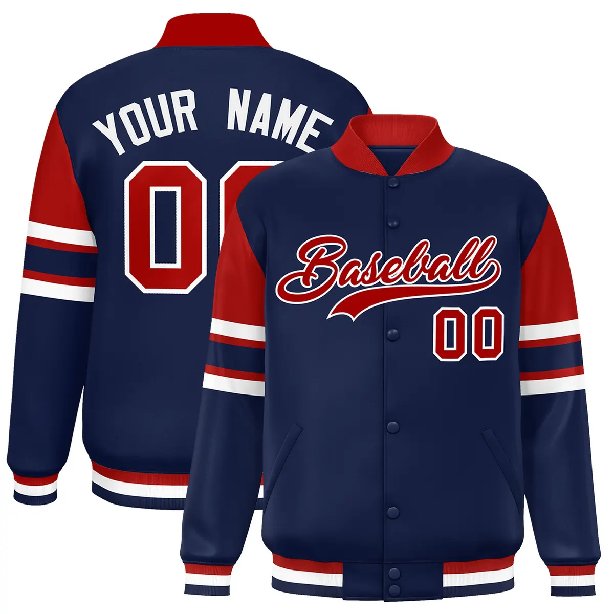 Navy Color Block Full-Snap Varsity Letterman Jacket