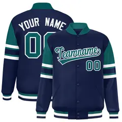 Navy Color Block Full-Snap Varsity Letterman Jacket 1