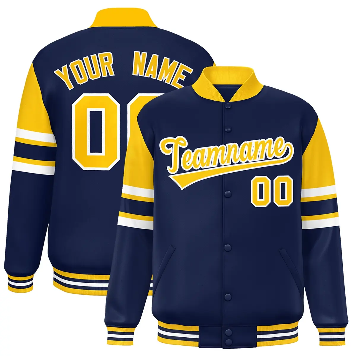 Navy Color Block Full-Snap Varsity Letterman Jacket
