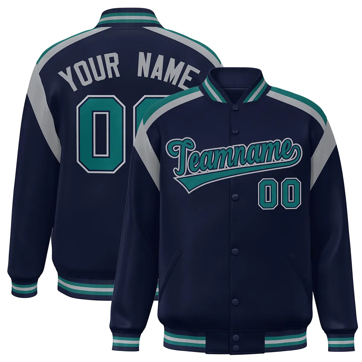 Navy Color Block Full-Snap Varsity Letterman Jacket