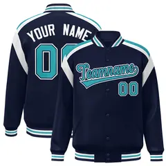 Navy Color Block Full-Snap Varsity Letterman Jacket 1
