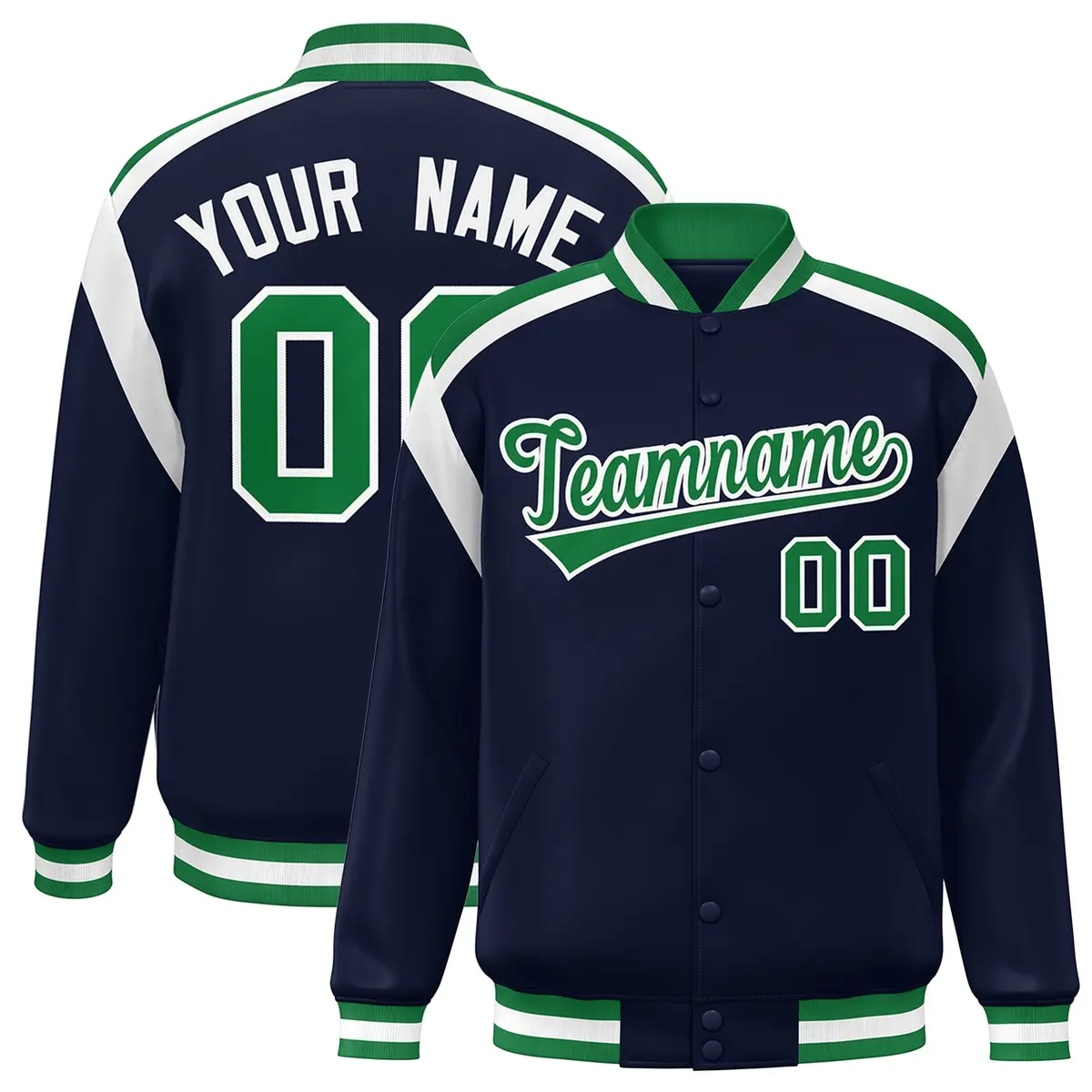 Navy Color Block Full-Snap Varsity Letterman Jacket