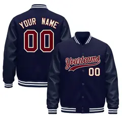 Navy Cream Varsity Jacket with Leather Sleeves Wrinkle-Resistant 1