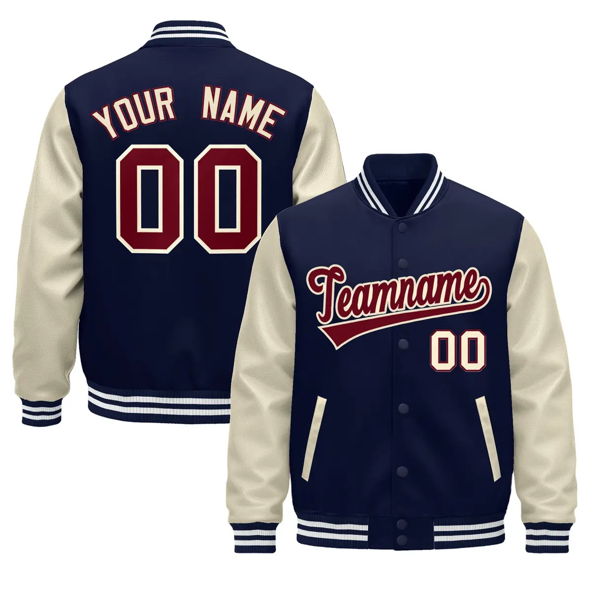 Navy Cream White Raglan Varsity Full-Snap Leather Sleeves Letterman Jacket
