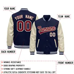Navy Cream White Raglan Varsity Full-Snap Leather Sleeves Letterman Jacket 2