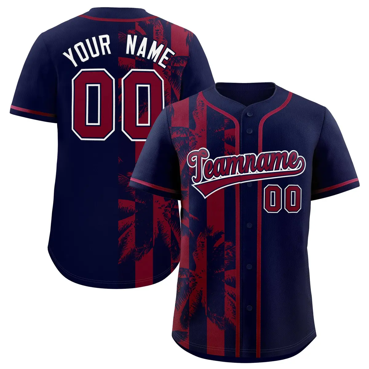 Navy Crimson Coconut Tree Split Baseball Jersey