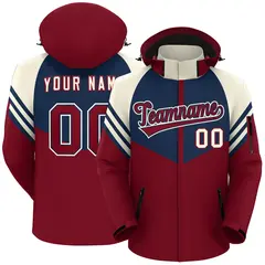 Navy Crimson-Cream Color Block Hooded Outdoor Waterproof Jacket