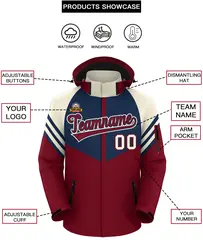 Navy Crimson-Cream Color Block Hooded Outdoor Waterproof Jacket 2