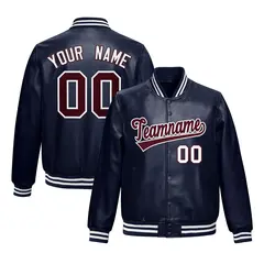 Navy Crimson Faux Leather Letterman Jacket Full-Snap Varsity 1