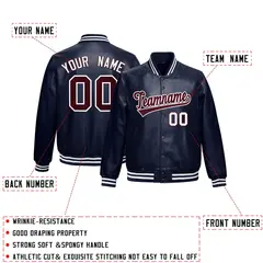 Navy Crimson Faux Leather Letterman Jacket Full-Snap Varsity 2