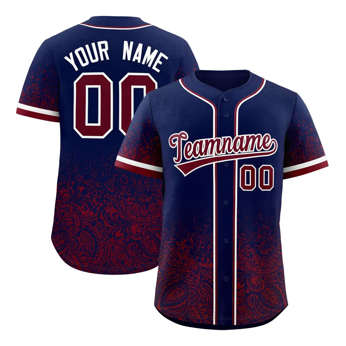 Navy Crimson Floral Gradient Full Button Baseball Jersey