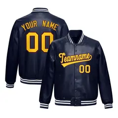 Navy Crimson Gold Faux Leather Letterman Jacket Full-Snap Varsity 1