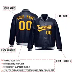 Navy Crimson Gold Faux Leather Letterman Jacket Full-Snap Varsity 2