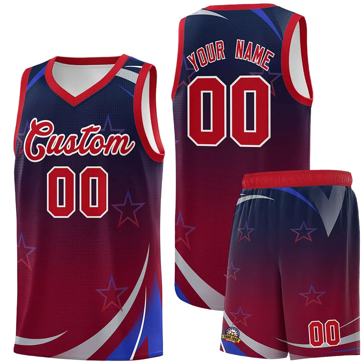 Navy Crimson Gradient Star Graffiti Basketball Jersey