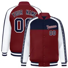 Navy Crimson K-Ribbon Raglan Color Block Full-Snap Letterman Jacket