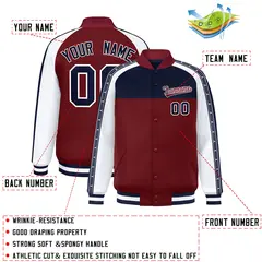 Navy Crimson K-Ribbon Raglan Color Block Full-Snap Letterman Jacket 2