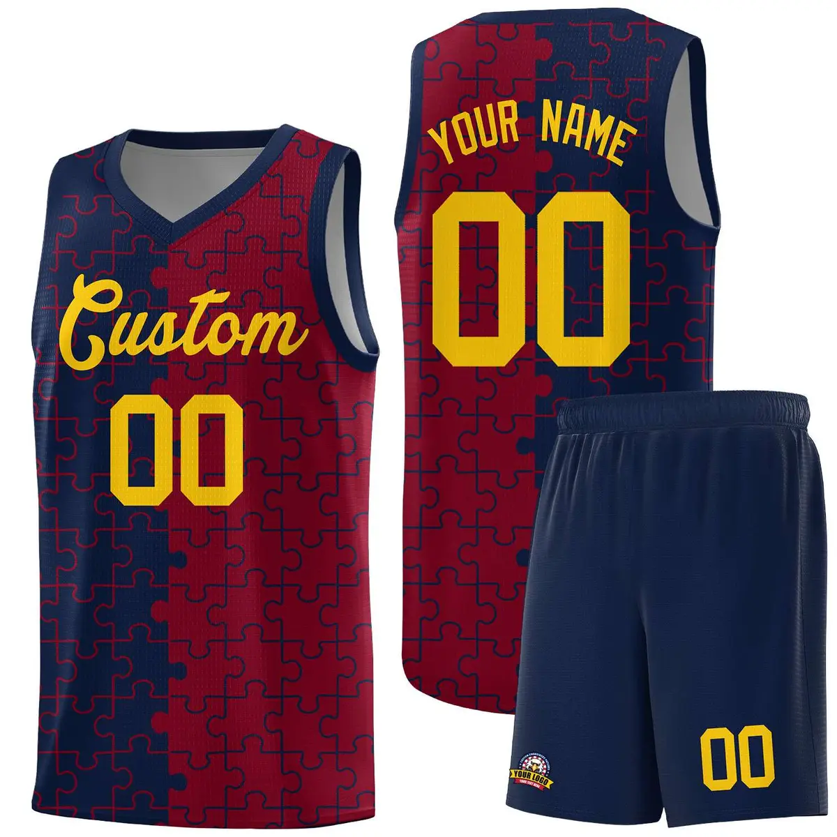 Navy Crimson Puzzle Pattern Splid Basketball Kits