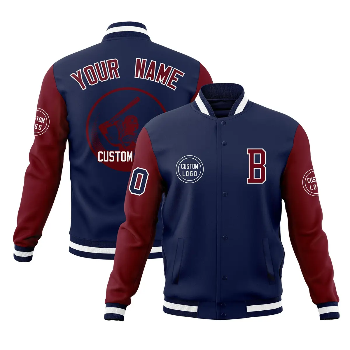 Navy Crimson Raglan Sleeves Full-Snap Varsity Letterman Jacket