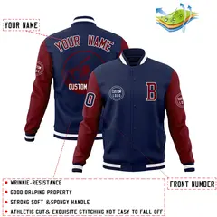 Navy Crimson Raglan Sleeves Full-Snap Varsity Letterman Jacket 4