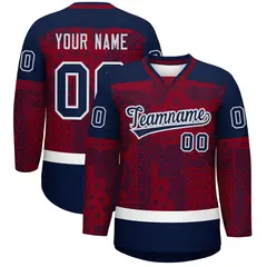 Navy Crimson White Cashew Flower Graffiti V-Neck Hockey Jersey
