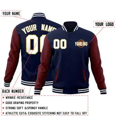 Navy Crimson White Raglan Sleeve Cotton Letterman Jacket 2