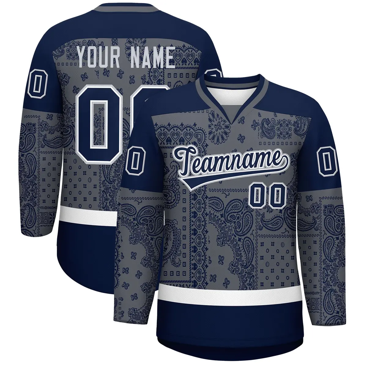 Navy Dark Gray White Cashew Flower Graffiti V-Neck Hockey Jersey