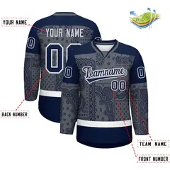 Navy Dark Gray White Cashew Flower Graffiti V-Neck Hockey Jersey 2