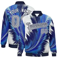 Navy Feather Fluid Pattern Full-Snap Varsity Letterman Jacket