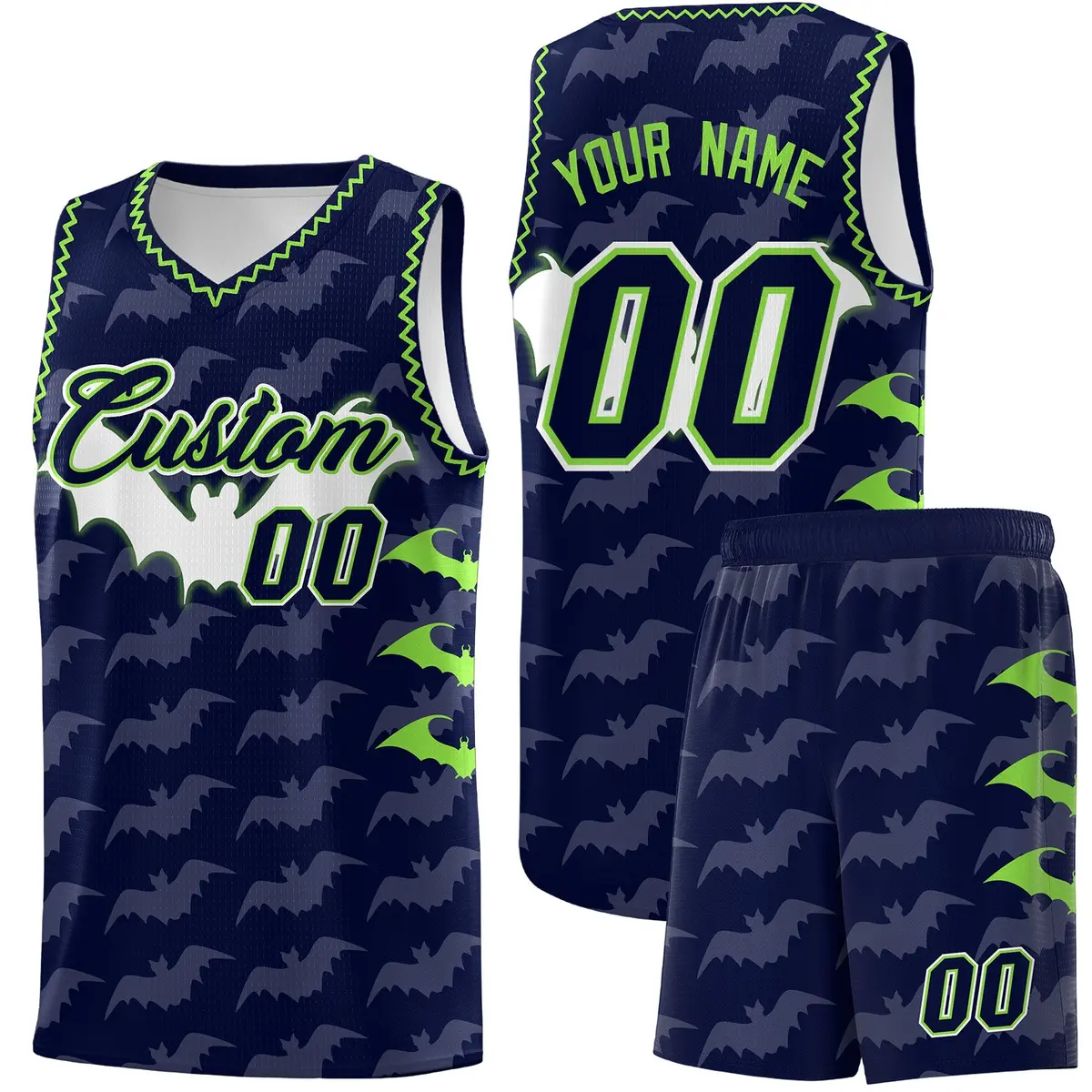 Navy Fluorescent Green Bat Pattern Halloween Basketball Jersey
