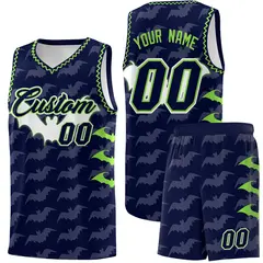 Navy Fluorescent Green Bat Pattern Halloween Basketball Jersey