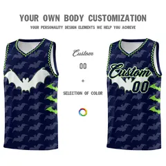 Navy Fluorescent Green Bat Pattern Halloween Basketball Jersey 3