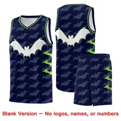 Navy Fluorescent Green Bat Pattern Halloween Basketball Jersey 7
