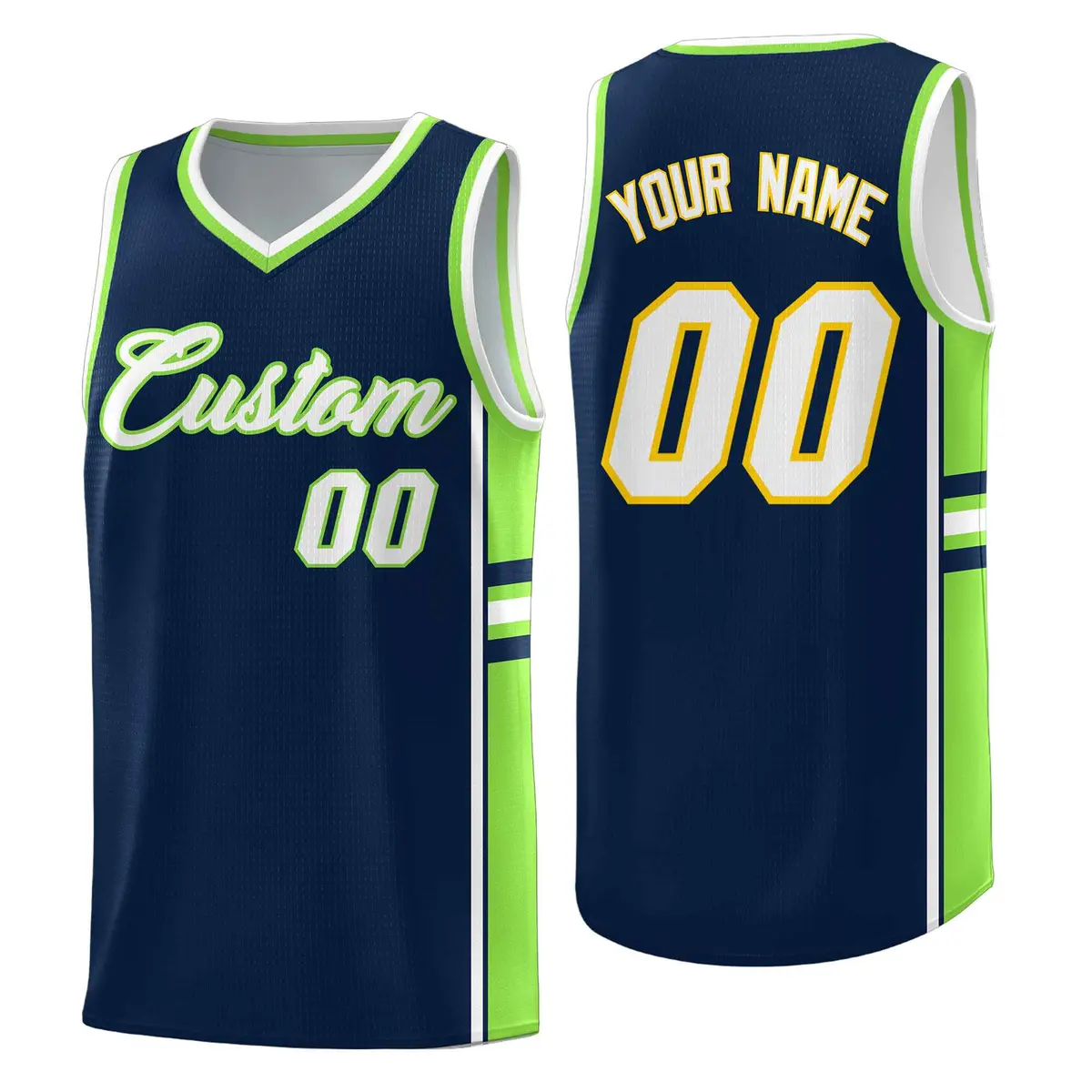 Navy Fluorescent Green Color Block Varsity Basketball Jersey