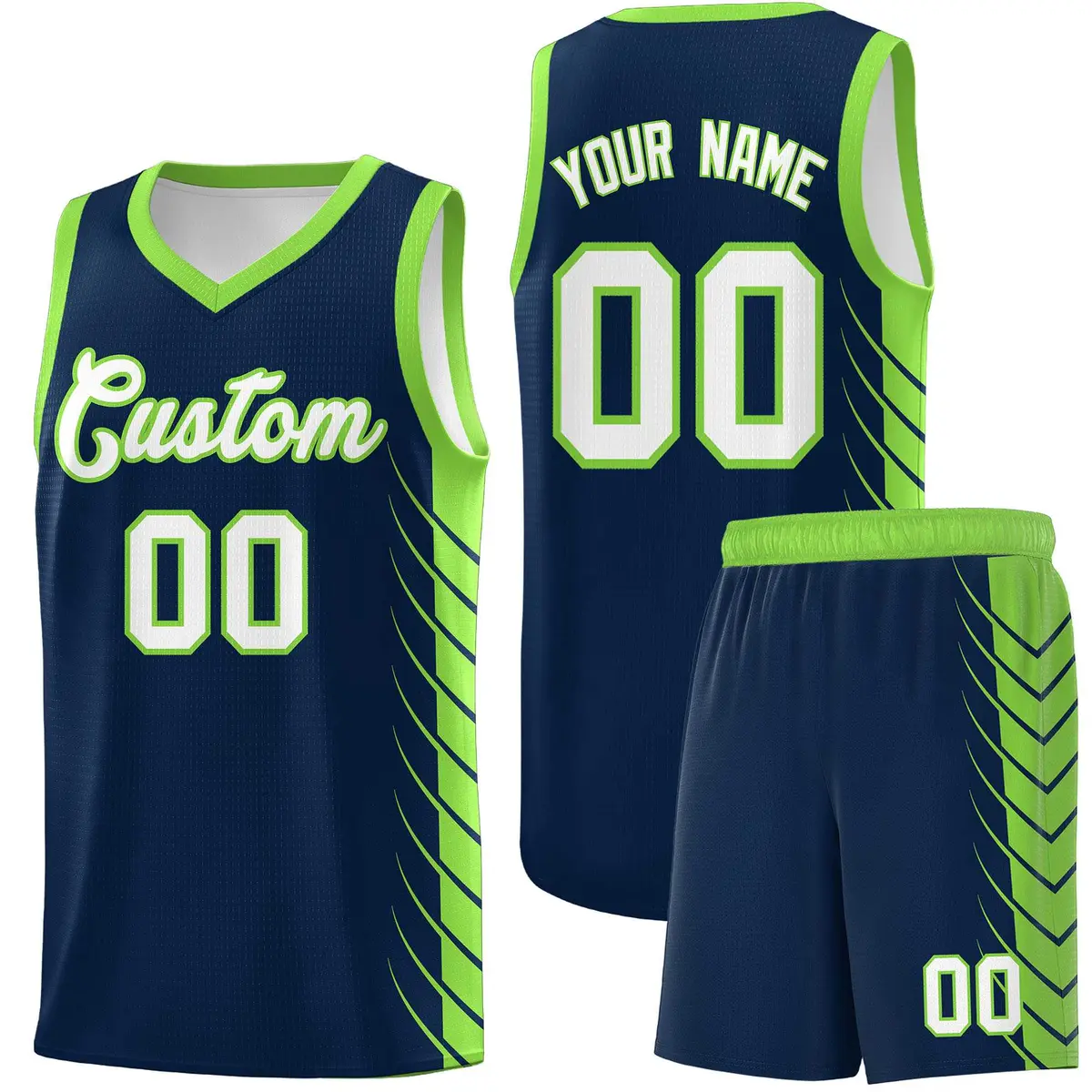 Navy Fluorescent Green Side Symmetrical Line Pattern Basketball Jersey