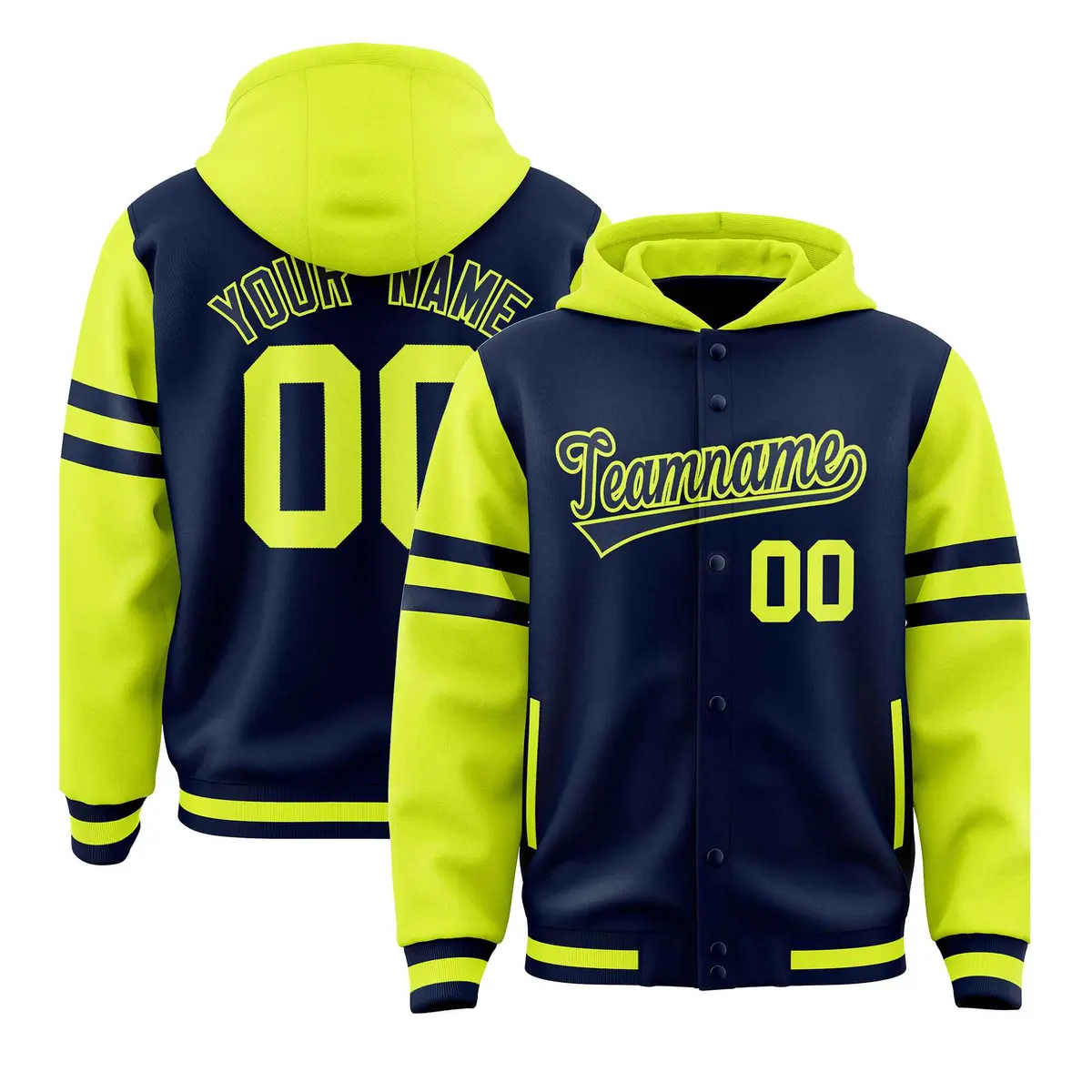 Navy Fluorescent Green Varsity Three Stripes Raglan Jacket Hoodie
