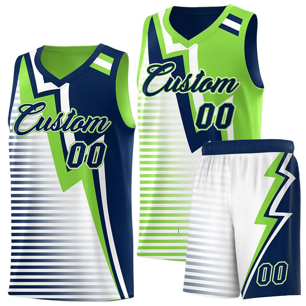 Navy Fluorescent Green White Gradient Lightning Stripe Reversible Basketball Jersey Sets
