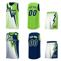 Navy Fluorescent Green White Gradient Lightning Stripe Reversible Basketball Jersey Sets 2