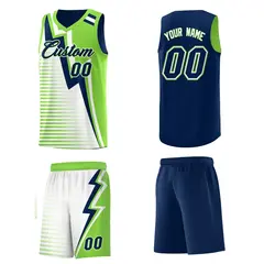 Navy Fluorescent Green White Gradient Lightning Stripe Reversible Basketball Jersey Sets 5