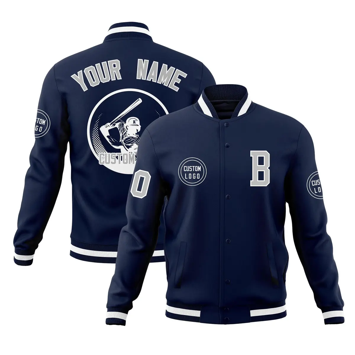 Navy Full-Snap Varsity Letterman Baseball Jacket