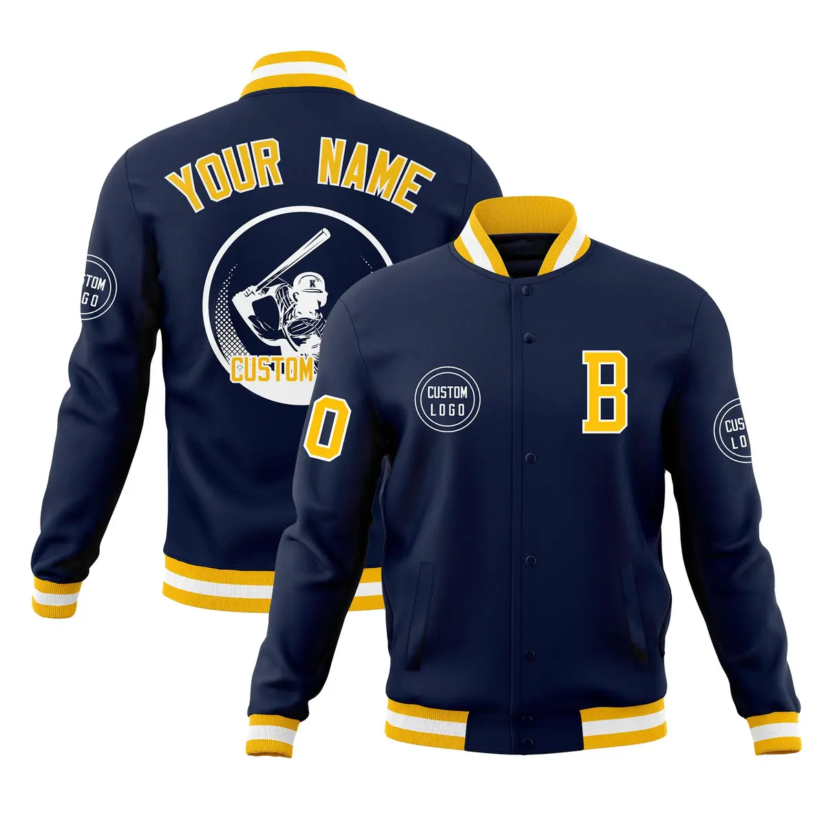 Navy Full-Snap Varsity Letterman Baseball Jacket
