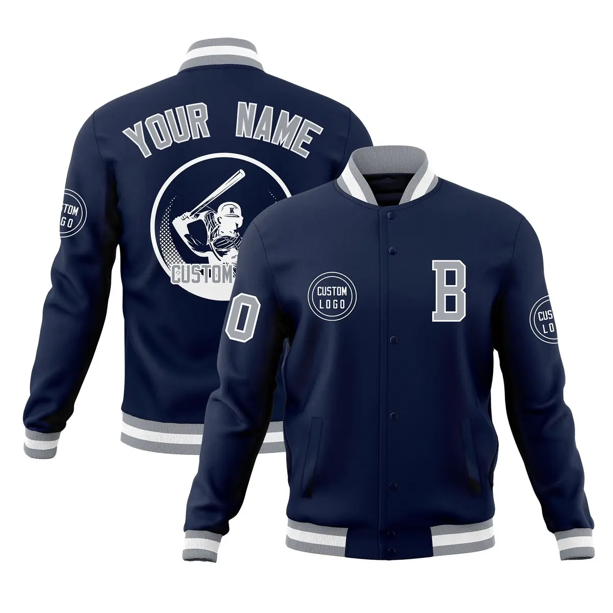 Navy Full-Snap Varsity Letterman Baseball Jacket