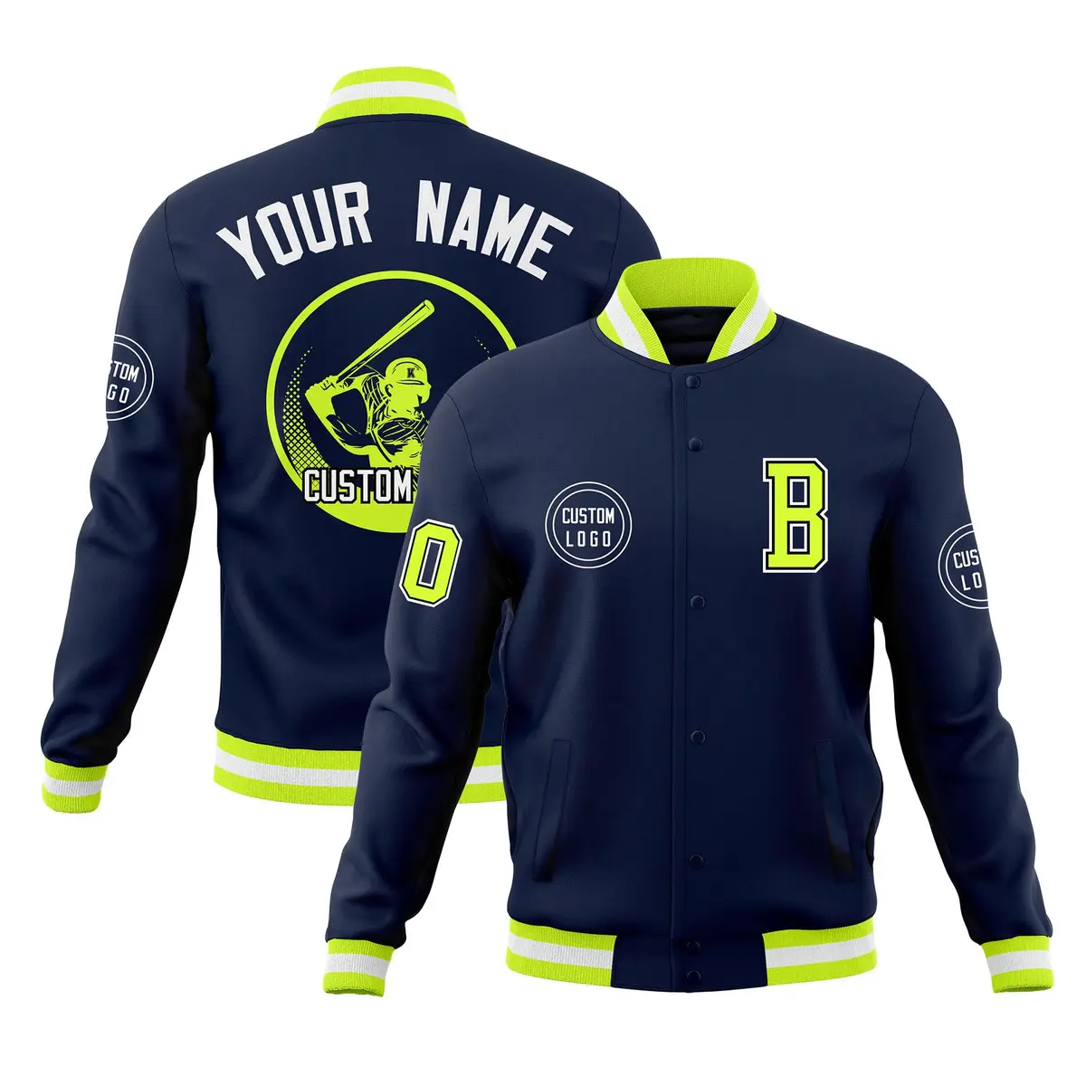 Navy Full-Snap Varsity Letterman Baseball Jacket