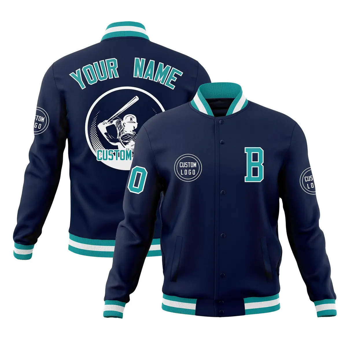 Navy Full-Snap Varsity Letterman Baseball Jacket