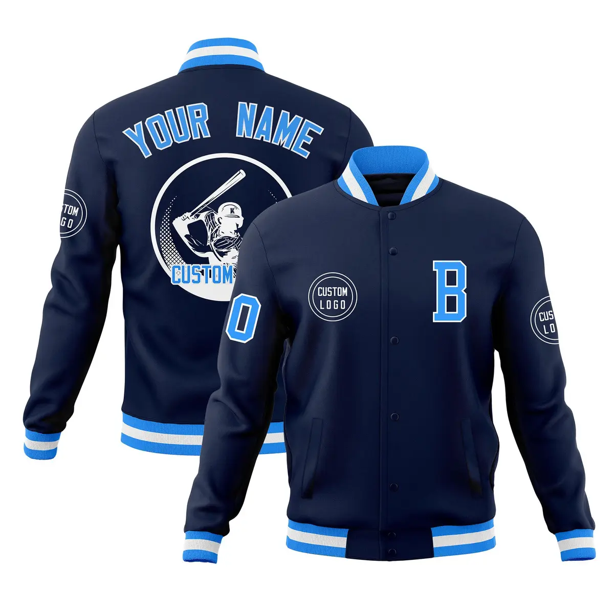 Navy Full-Snap Varsity Letterman Baseball Jacket