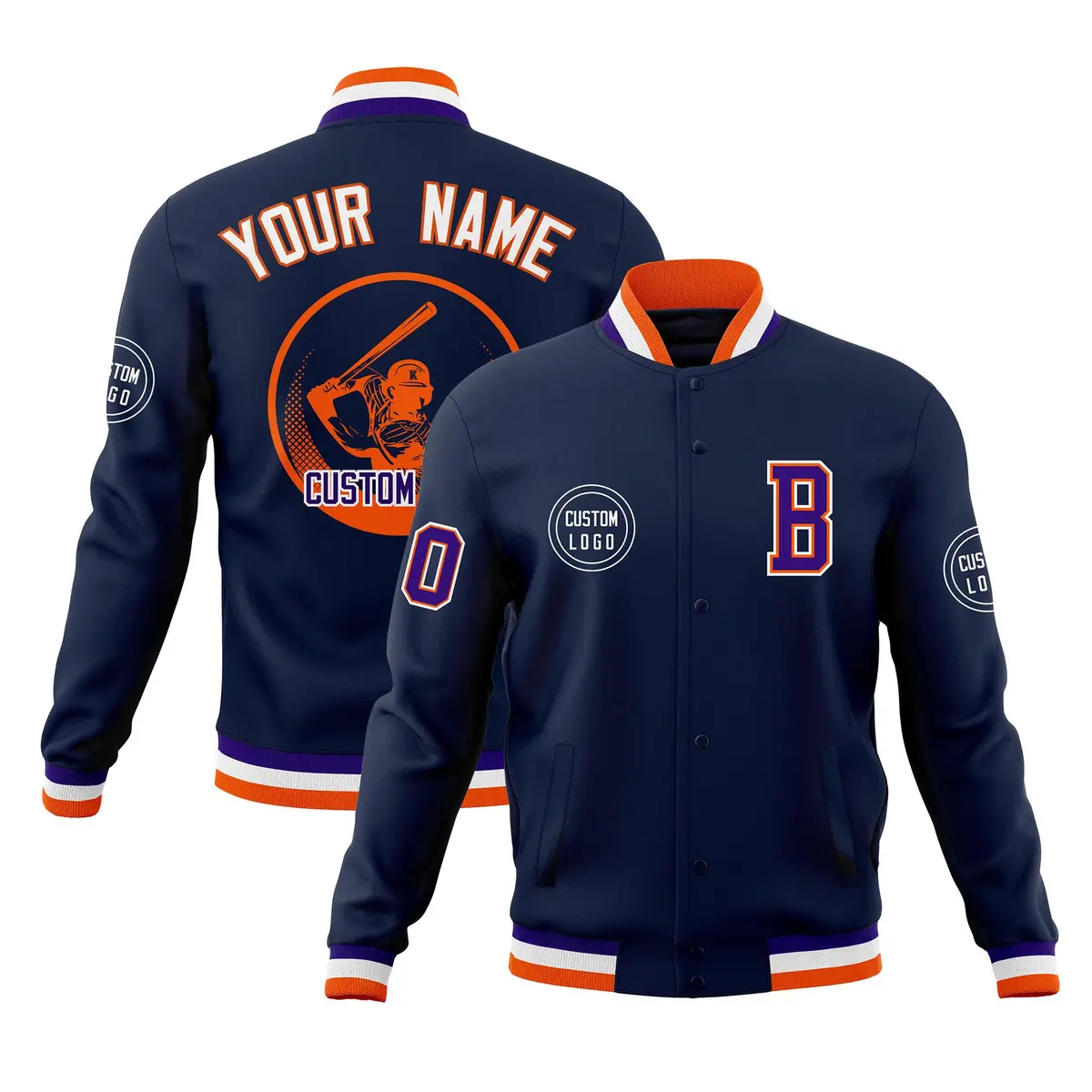 Navy Full-Snap Varsity Letterman Baseball Jacket