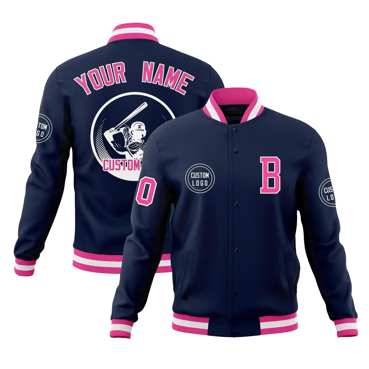 Navy Full-Snap Varsity Letterman Baseball Jacket